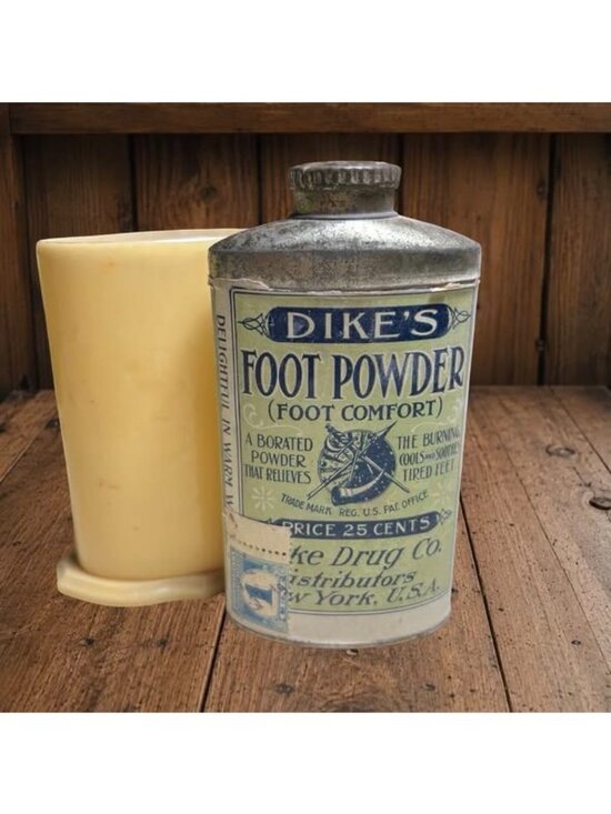 dike's Foot Powder Other - Antique Dike's Foot Powder Tin w Revenue Stamp c1914 Apothecary Advertising Gene